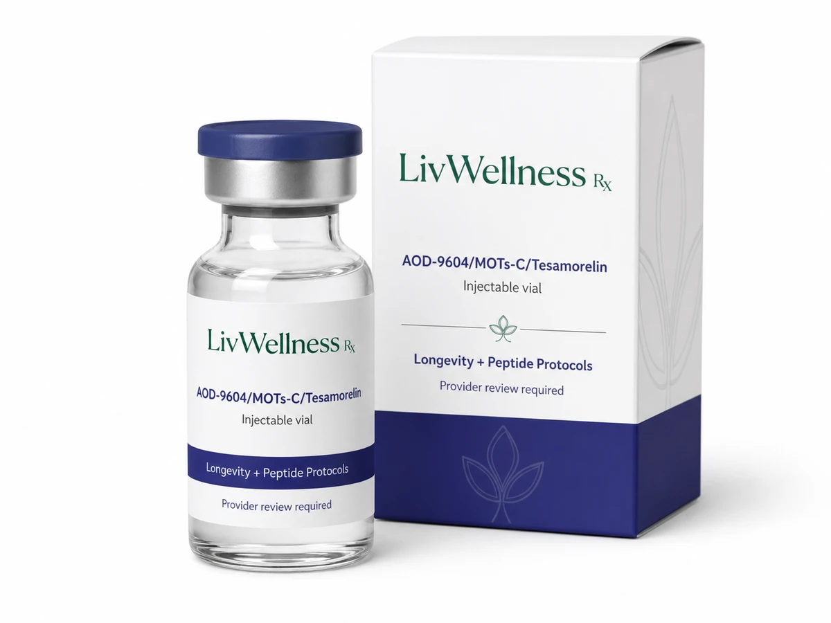 LivWellness Rx AOD-9604/MOTs-C/Tesamorelin product packaging.
