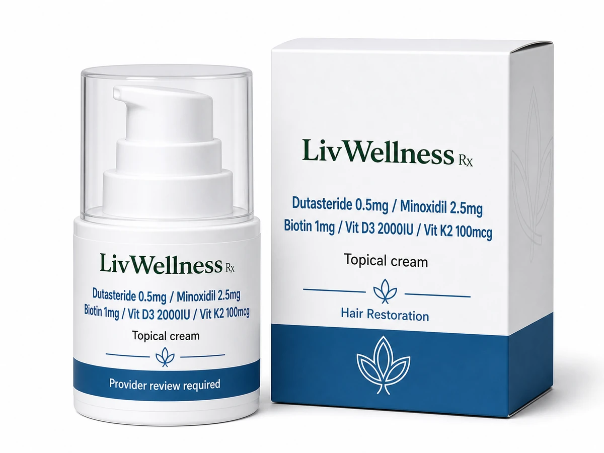 LivWellness Rx Dutasteride 0.5mg / Minoxidil 2.5mg / Biotin 1mg / Vit D3 2000IU / Vit K2 100mcg product packaging.