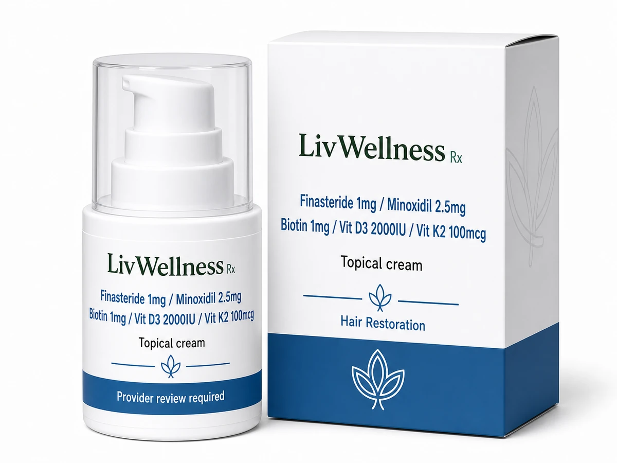 LivWellness Rx Finasteride 1mg / Minoxidil 2.5mg / Biotin 1mg / Vit D3 2000IU / Vit K2 100mcg product packaging.
