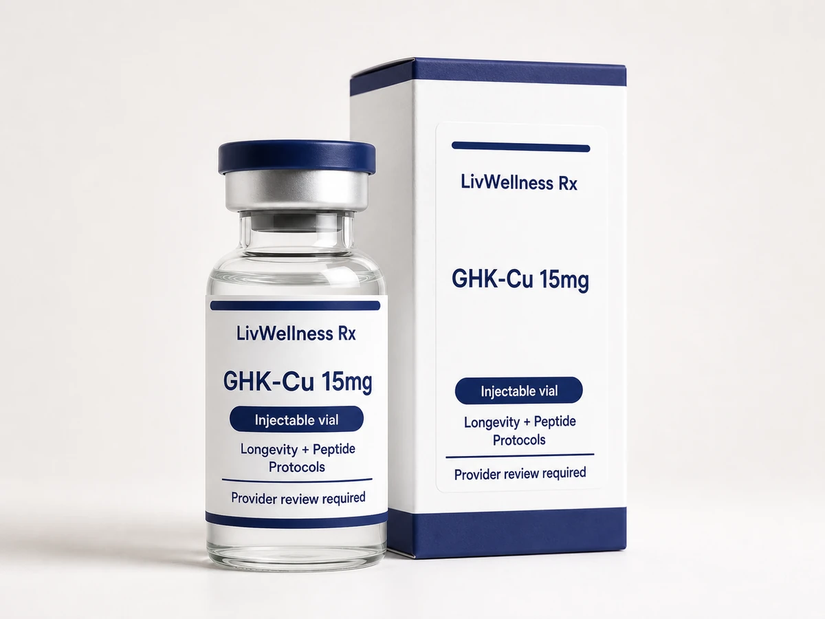 LivWellness Rx GHK-Cu 15mg product packaging.