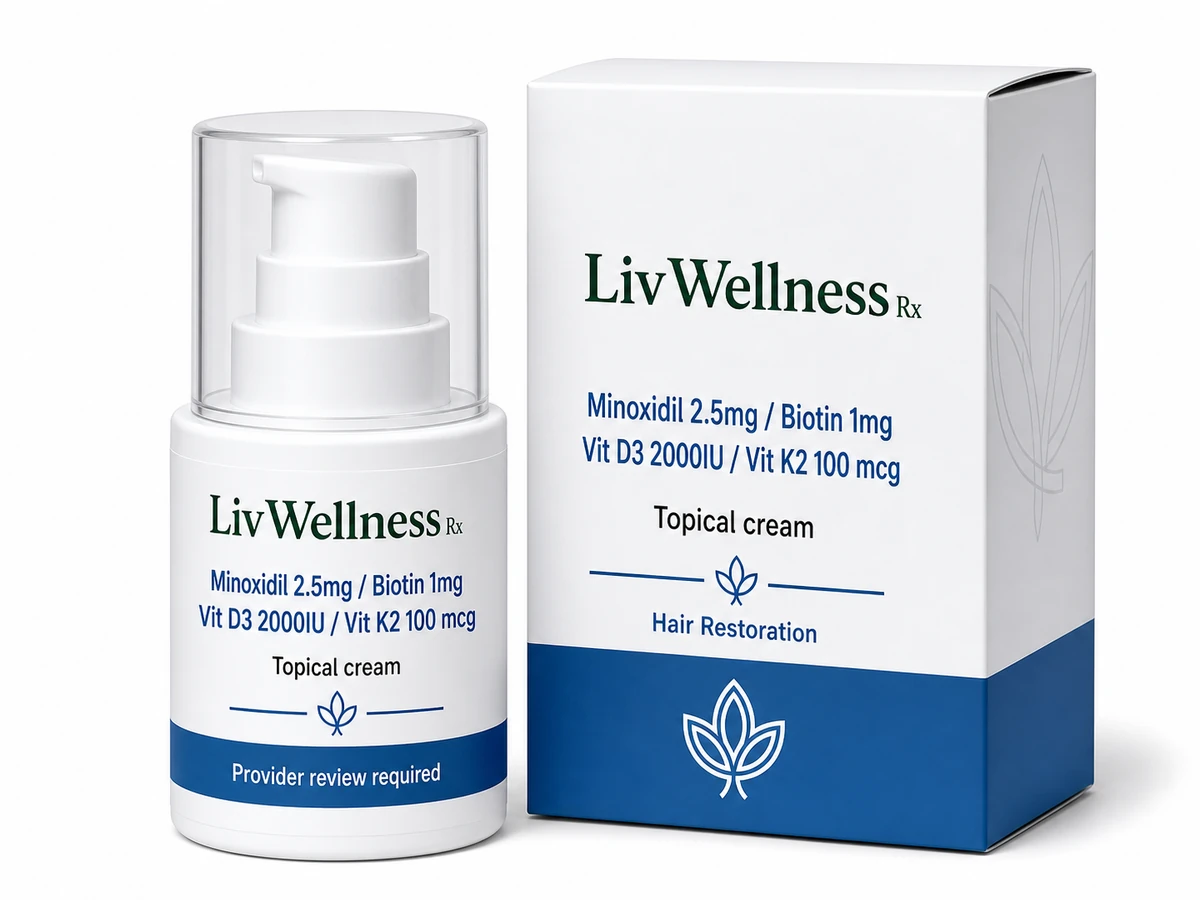 LivWellness Rx Minoxidil 2.5mg / Biotin 1mg / Vit D3 2000IU / Vit K2 100 mcg product packaging.