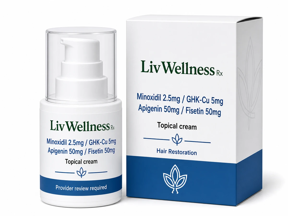 LivWellness Rx Minoxidil 2.5mg/GHK-Cu 5mg/Apigenin 50mg/Fisetin 50mg product packaging.