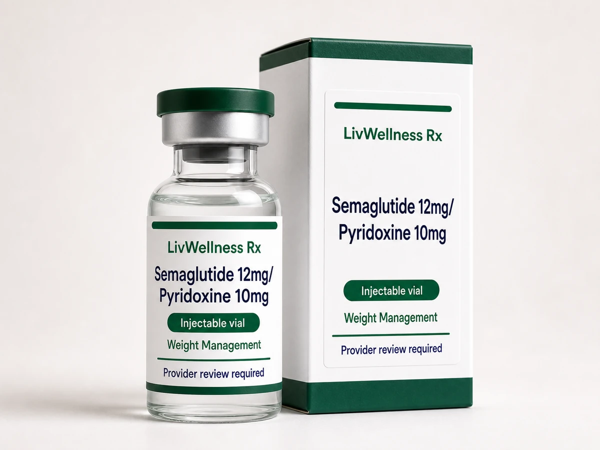 LivWellness Rx Semaglutide 12mg/Pyridoxine 10mg product packaging.