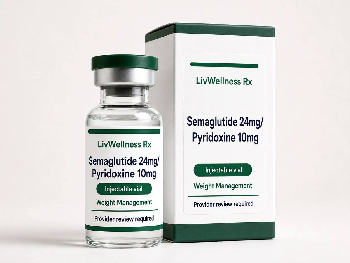 LivWellness Rx Semaglutide 24mg/Pyridoxine 10mg product packaging.