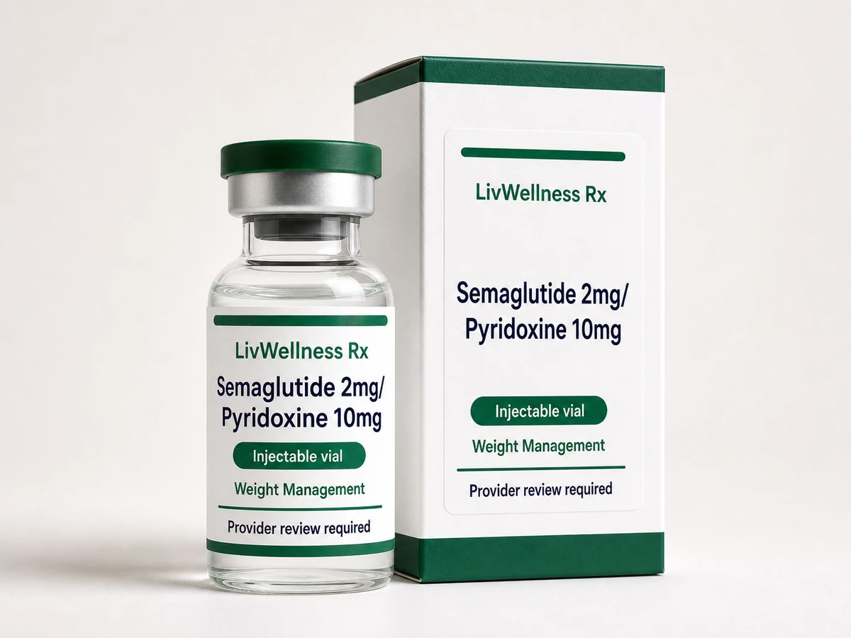 LivWellness Rx Semaglutide 2mg/Pyridoxine 10mg product packaging.