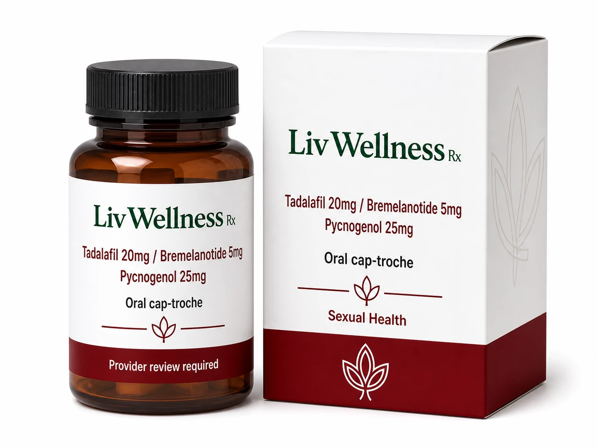 LivWellness Rx Tadalafil 20mg/Bremelanotide 5mg/Pycnogenol 25mg product packaging.