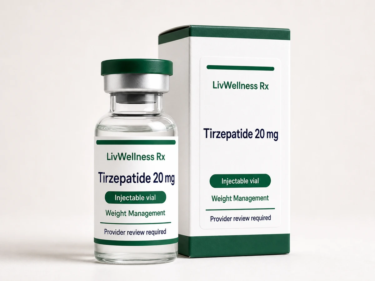 LivWellness Rx Tirzepatide 20 mg product packaging.