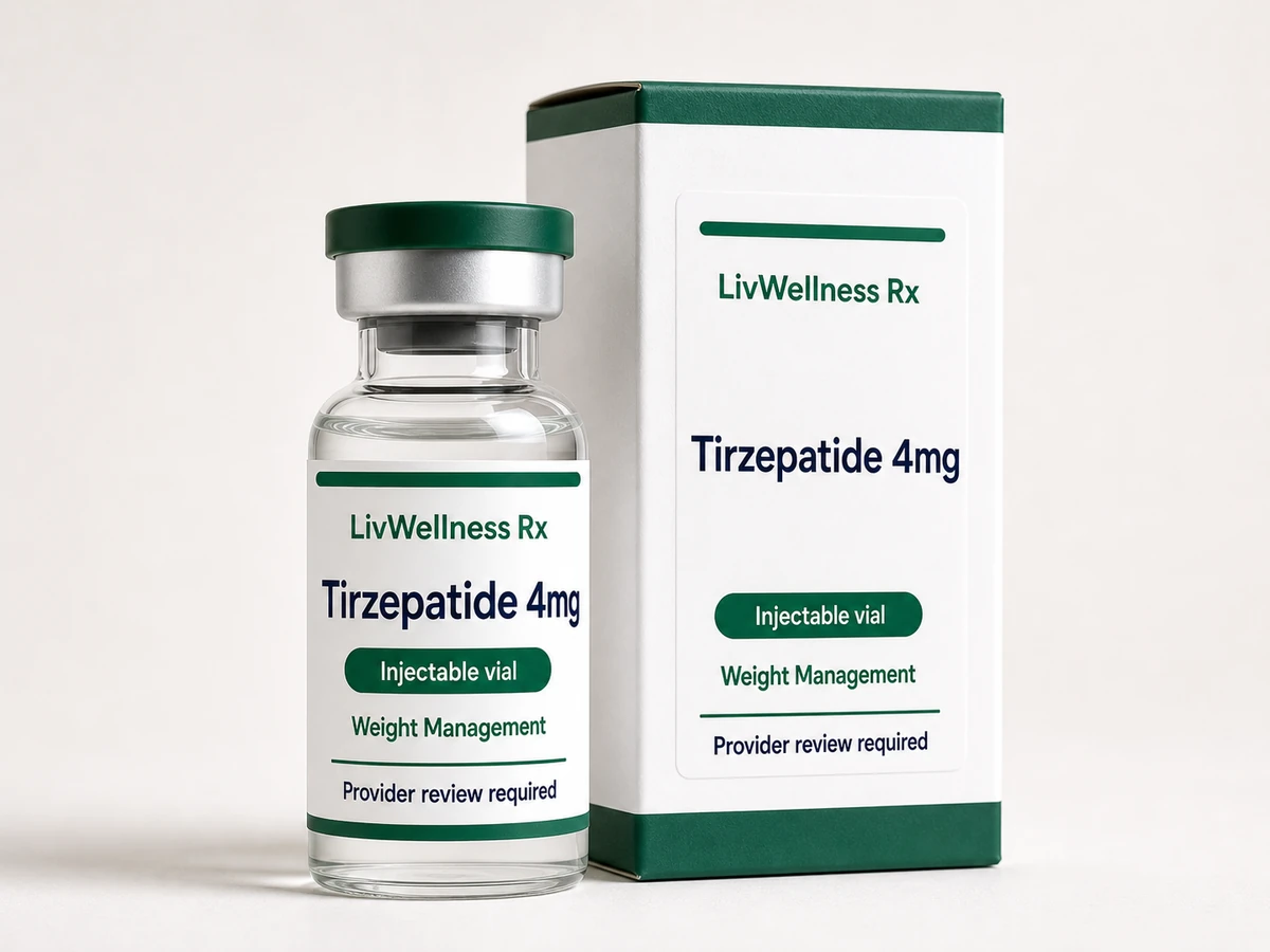 LivWellness Rx Tirzepatide 4mg product packaging.